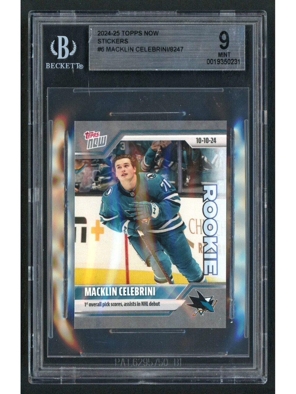 2024-25 Topps Now NHL Sticker #6 Macklin Celebrini Rookie Debut (RC) BGS 9 Mint